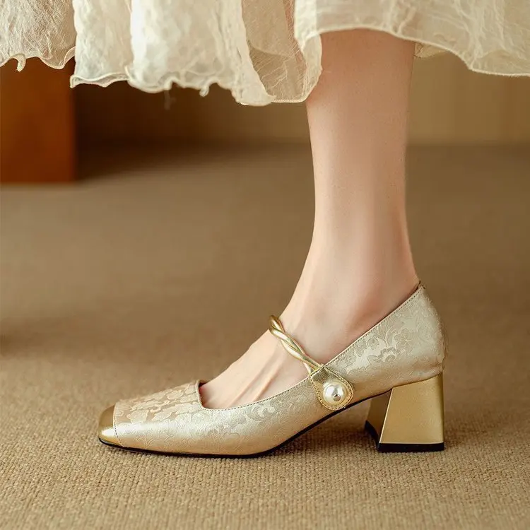 New Mary Jane Pumps - Pearl Ankle Strap Metallic Accent Chunky Heel Two-Tone Color Block Dress Shoes 2027