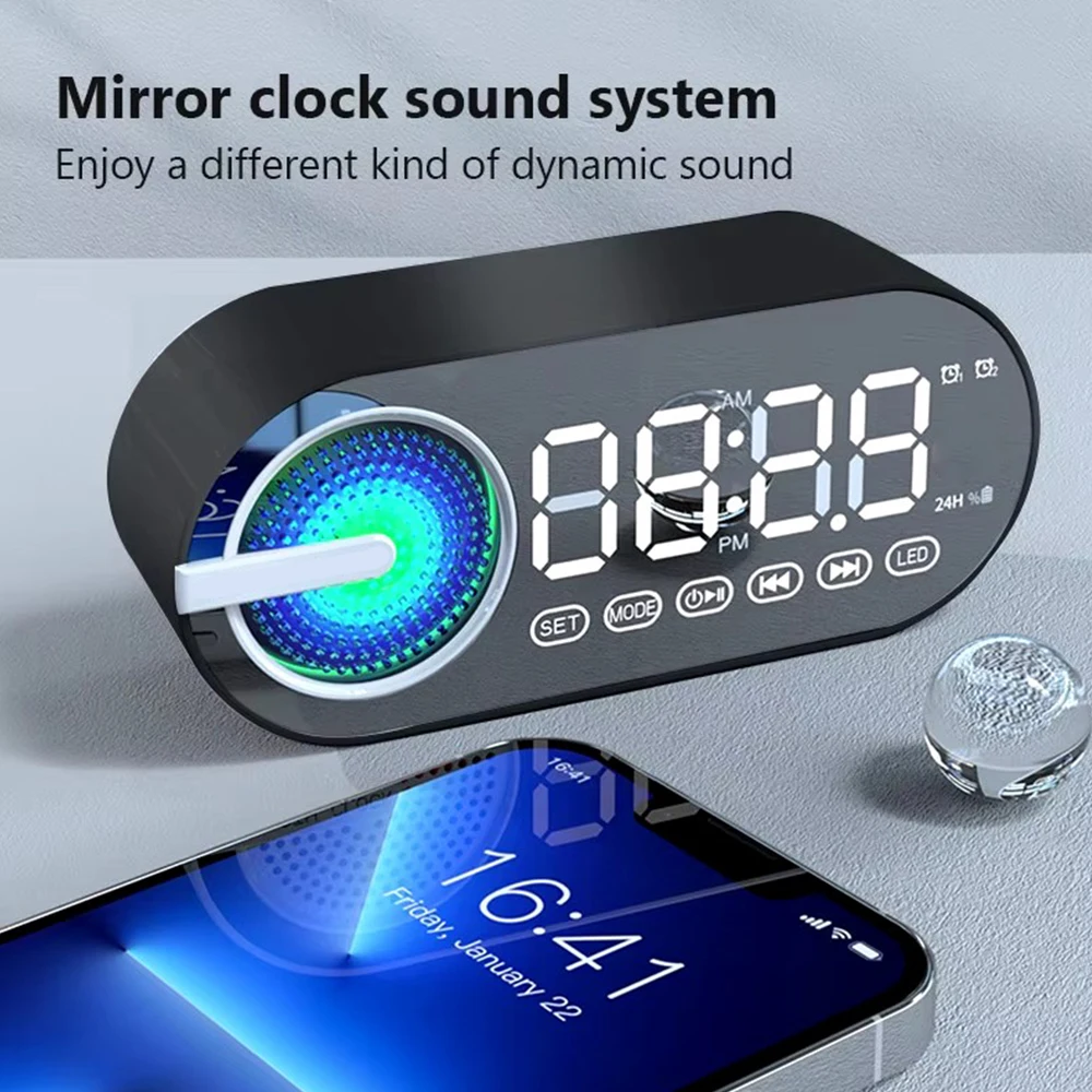 Quiet Wireless Bluetooth Speaker Alarm Clock Portable Speaker USB Large Display LED Mirror Digital Clock FM Radio for Office