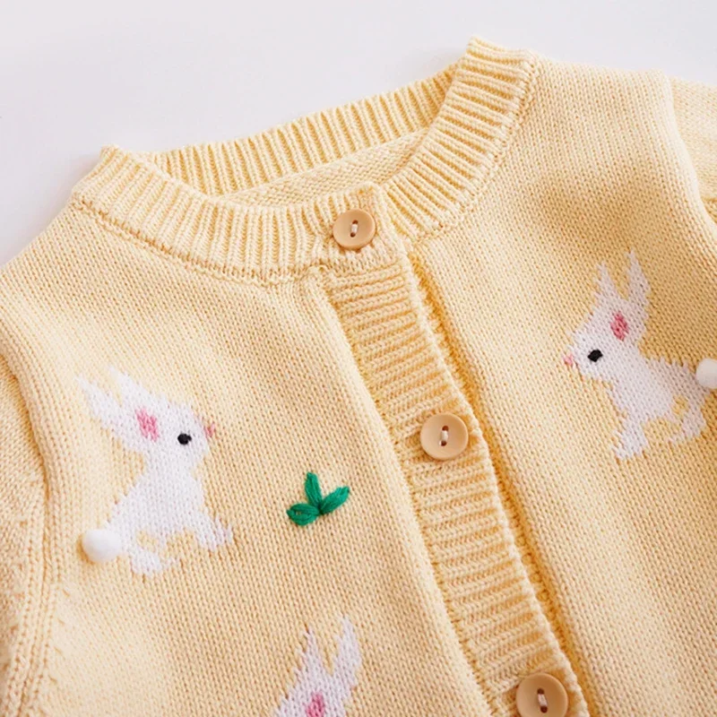 Girls Cardigan Sweater Autumn O-Neck Infants Children Cotton Knitwear Cartoon Embroidery Rabbit Baby Kids Coat Toddler Clothes