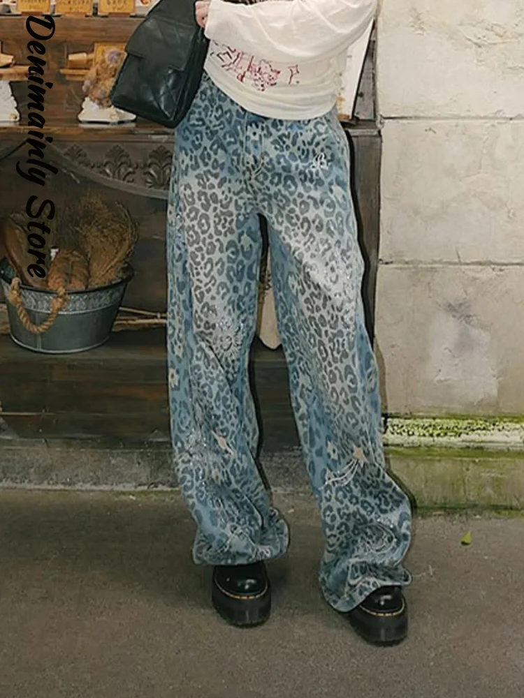 Fashion Women's Leopard Print Jeans High Waist Button Zipper Pockets Female Wide Leg Denim Pant 2026 Autumn Lady Street Trousers