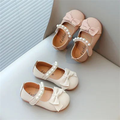 Girls Pearl Bow Round Toe Leather Shoes Pink/beige, Girls Spring and Autumn New Outdoor PU Casual Leather Shoes, Size 21-30