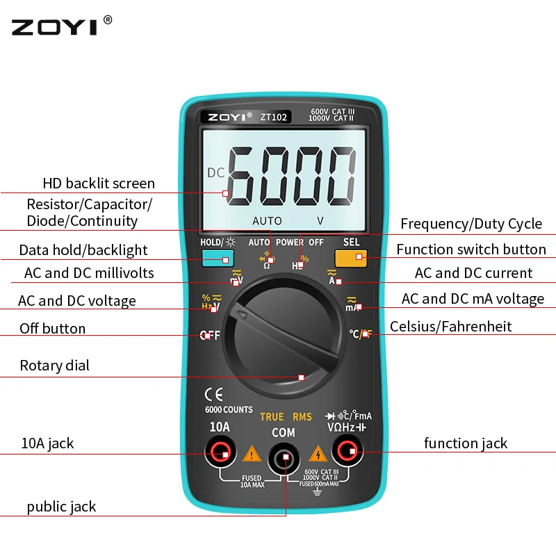 Cyfrowy multimetr ZOYI 6000 wysokiej precyzji True RMS automatyczny amperomierz woltomierz temperatura kondensatora NCV Ohm Hz Tester