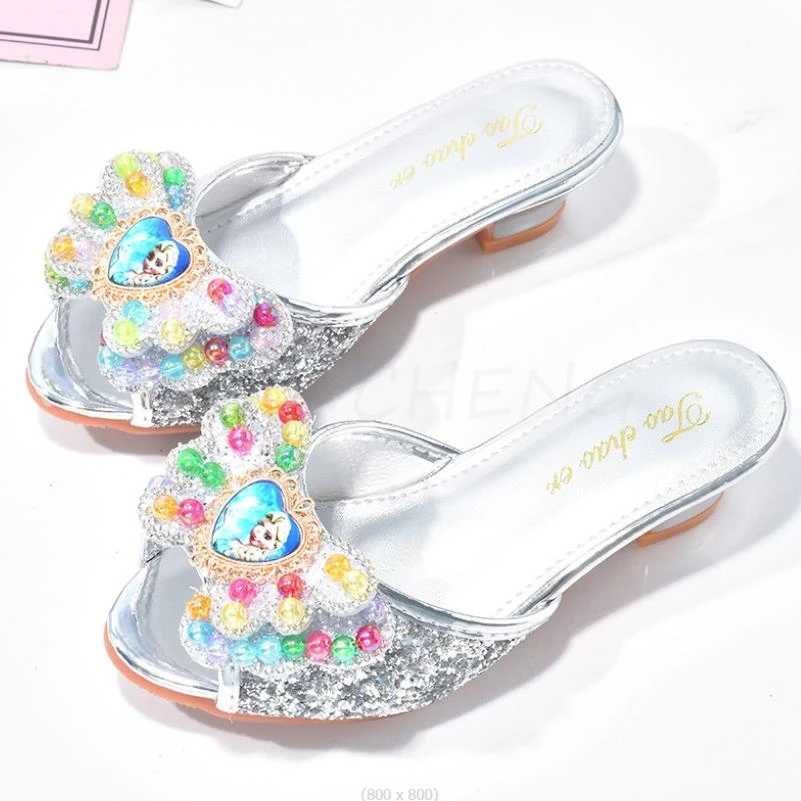 Hot Girls Summer Sandals Slipper Sequined Princesse Children High Heel Party Dress Frozen Elsa Shoes Leather Slipper Kids Slides