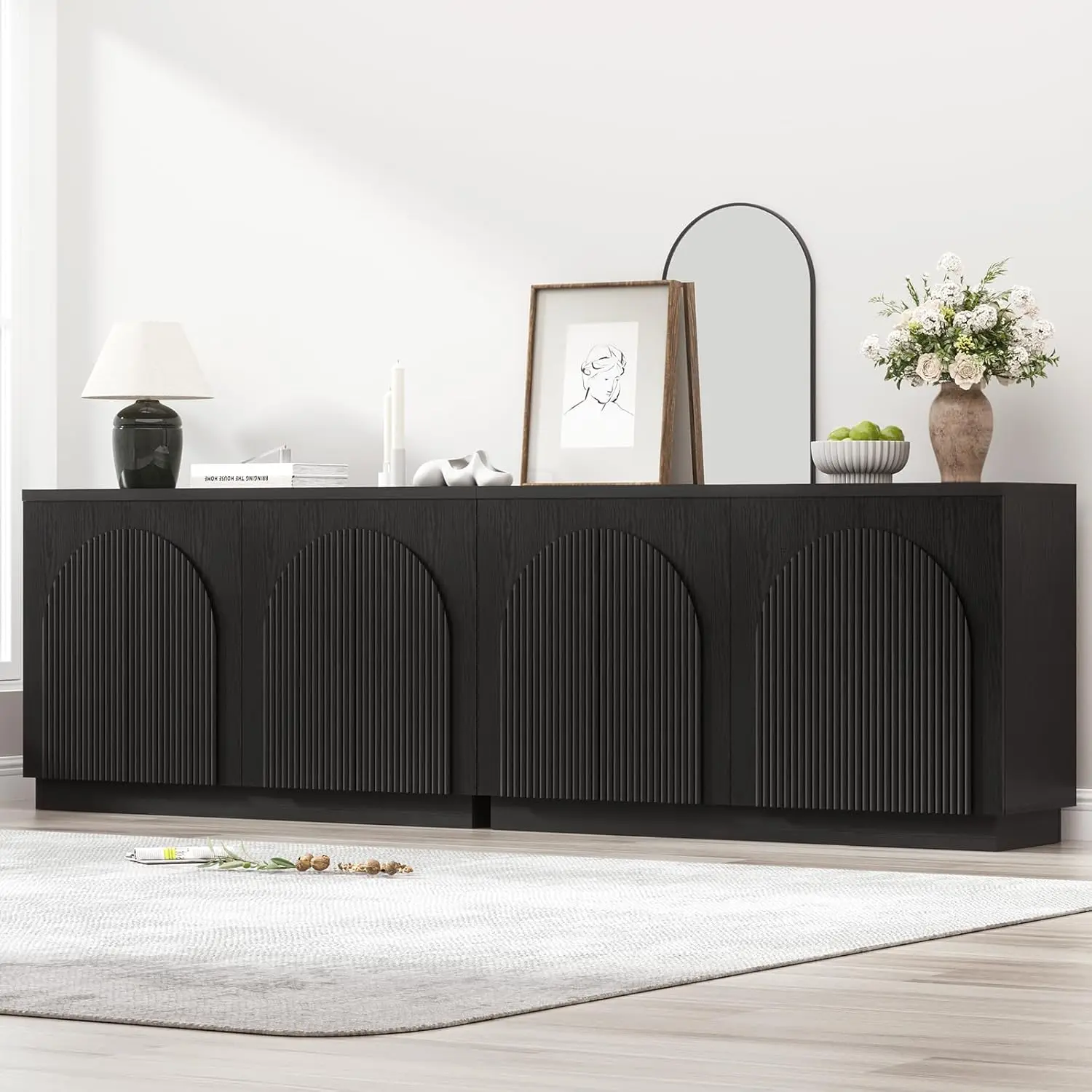 #Black Fluted Sideboard Buffet 110in Arched Reeded Doors Mid Century Credenza Adjustable Shelves Living Dining, Customized