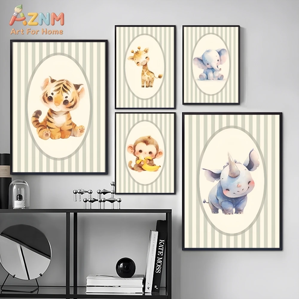 AZNM Cute Jungle Animals Canvas Wall Art, Watercolor Giraffe Tiger Rhino Lion Unframed Posters Set for Nursery Decor