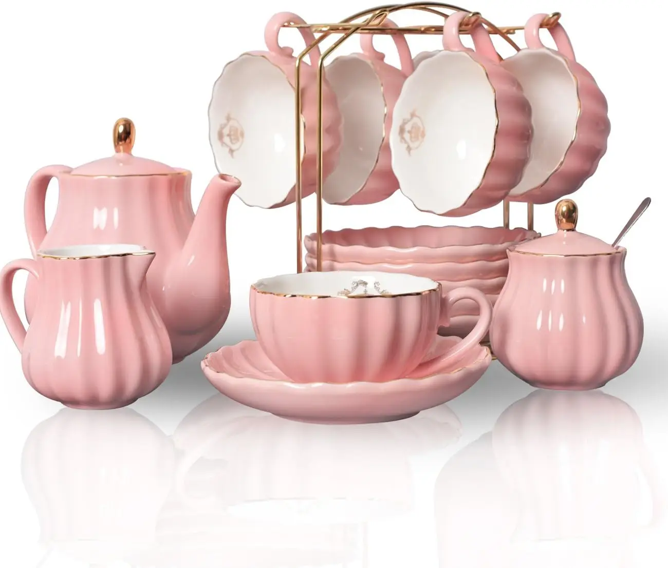 Porcelain Tea Set with 8 OZ Cups and Saucers, Service for 6, Includes Teapot, Sugar Bowl, Cream Pitcher, Teaspoons, and Tea Strainer, Ideal for High Tea, Weddings, and Parties, Pink
