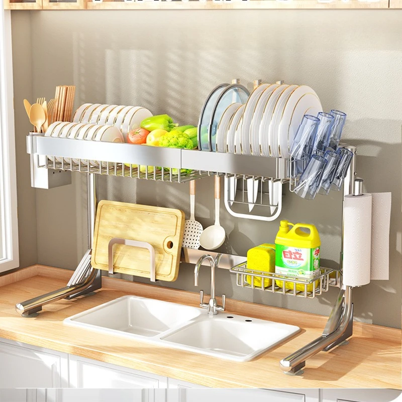 Stainless Steel Kitchen Cutlery Storage Rack Retractable Sink Cutting Board Bowl Spatula Drain Holder Kitchen Supplies Organizer