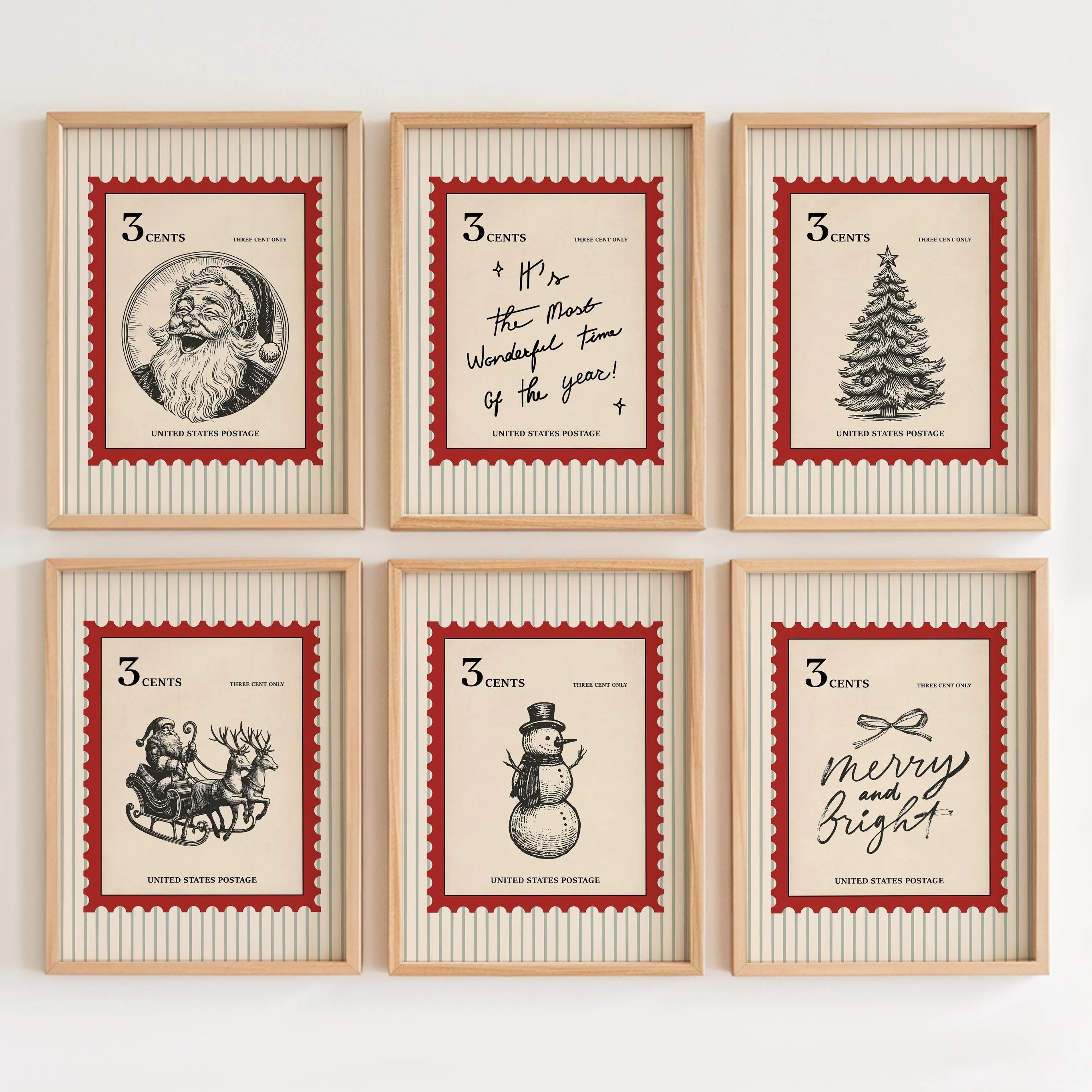 Retro Christmas Stamps Canvas Print Funny Cheers Santa Claus & Elk Snowman Christmas Tree Wall Art Poster for Modern Home Decor