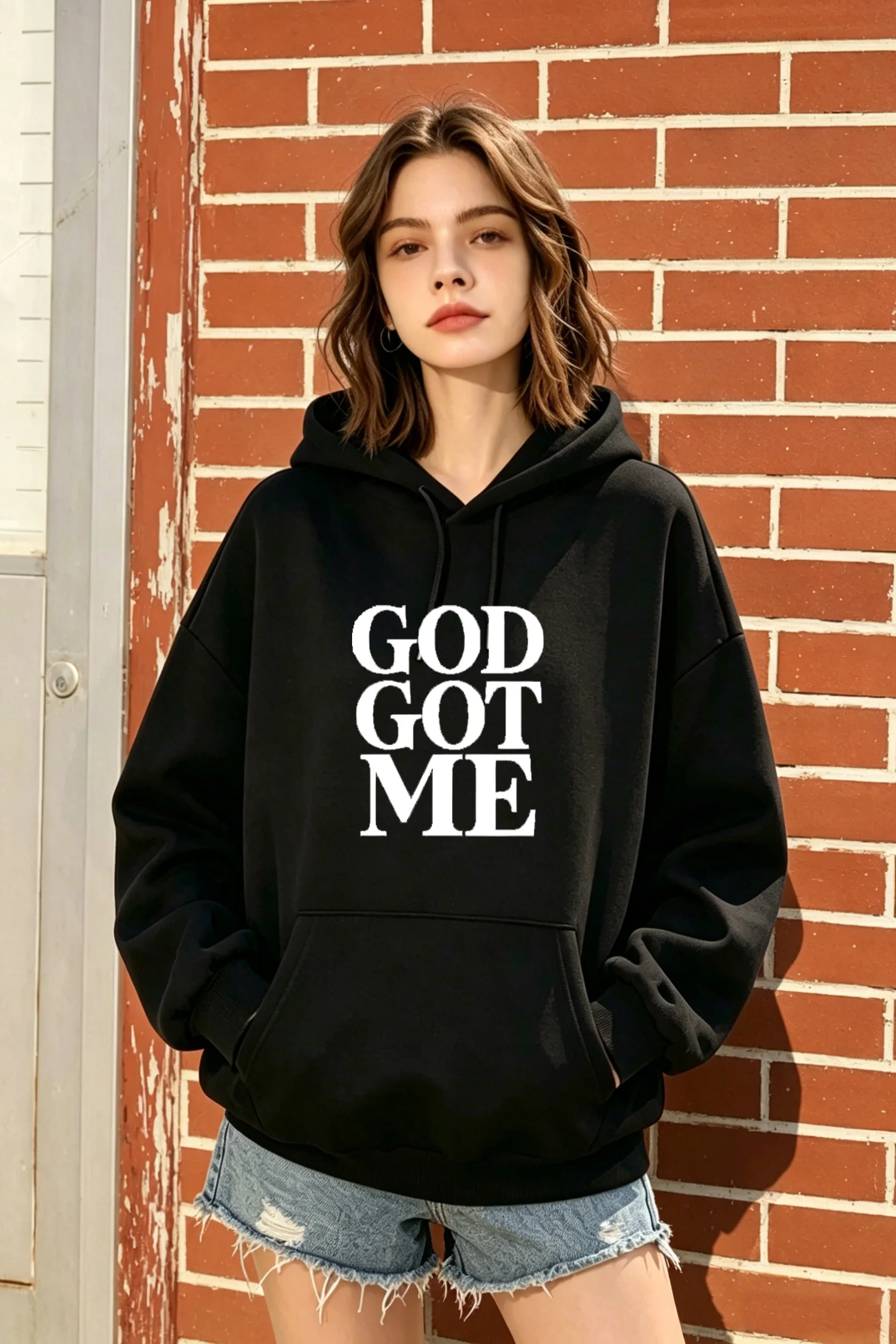 

Women's Black Oversized Hoodie with vertical letter print, casual & stylish for fall and winter daily wear.
