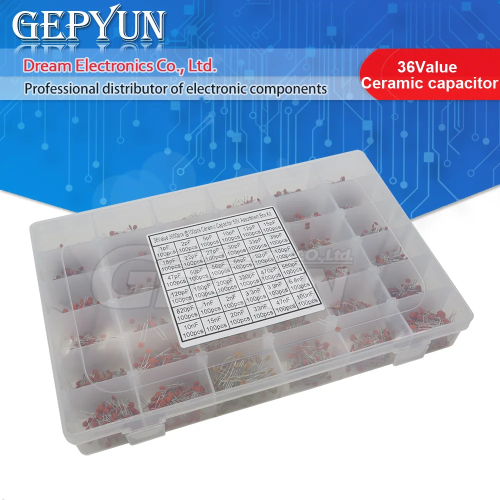 3600pcs/Lot 1PF-100nF Ceramic Capacitor Assortment Kit 10PF 22PF 33PF 47PF 100PF 330PF 470PF 1NF 10NF 47NF 50V Capacitors set