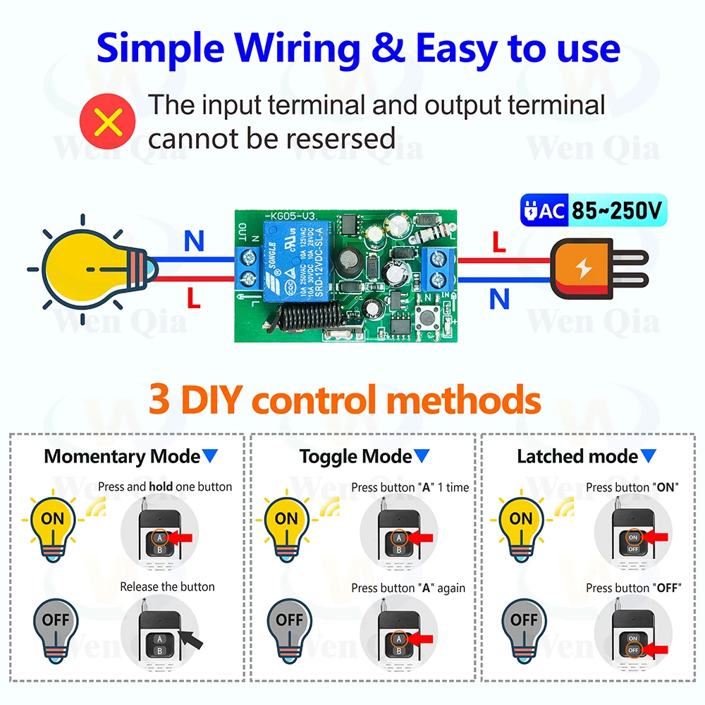 RF Remote Control Light Switch 110V 220V 10A 433MHz Relay Receiver,1000m Transmitter,for Light Lamp Fan ON/OFF