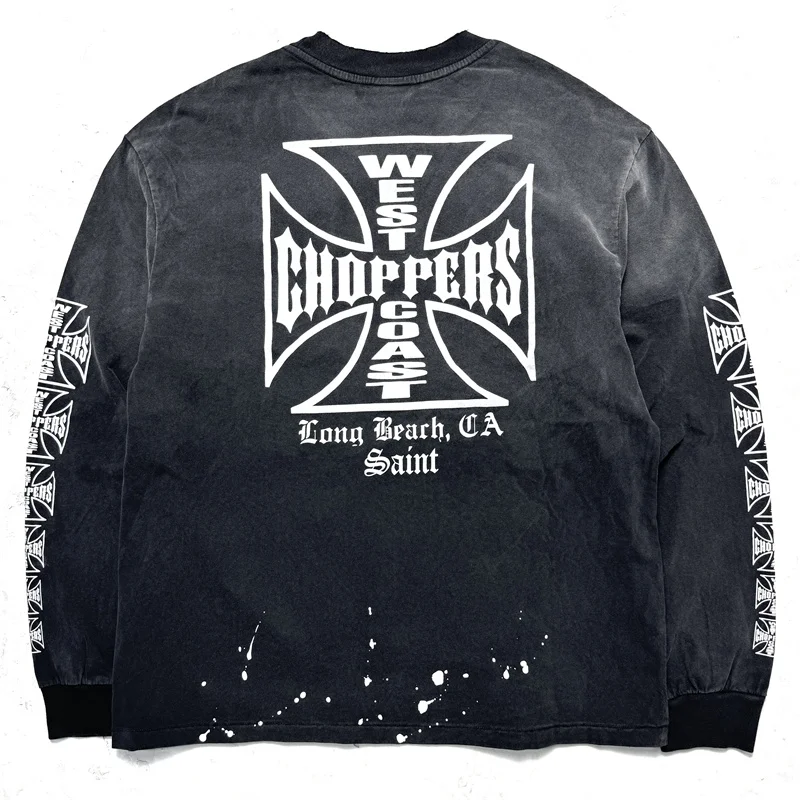 

Retro Washed Black Oversized Saint Long-Sleeve T-Shirt Men Women Patterned Print Distressed Details West Coast Choppers T Shirt