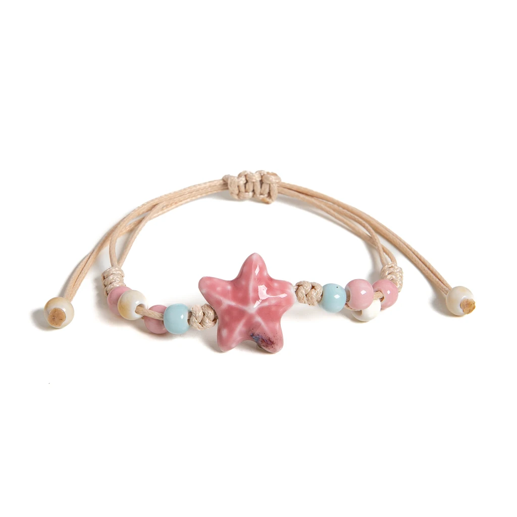 Rosa Stern Keramik handgefertigtes Armband für Frauen verstellbar Boho Makramee Seil Schmuck Geschenk S03-107
