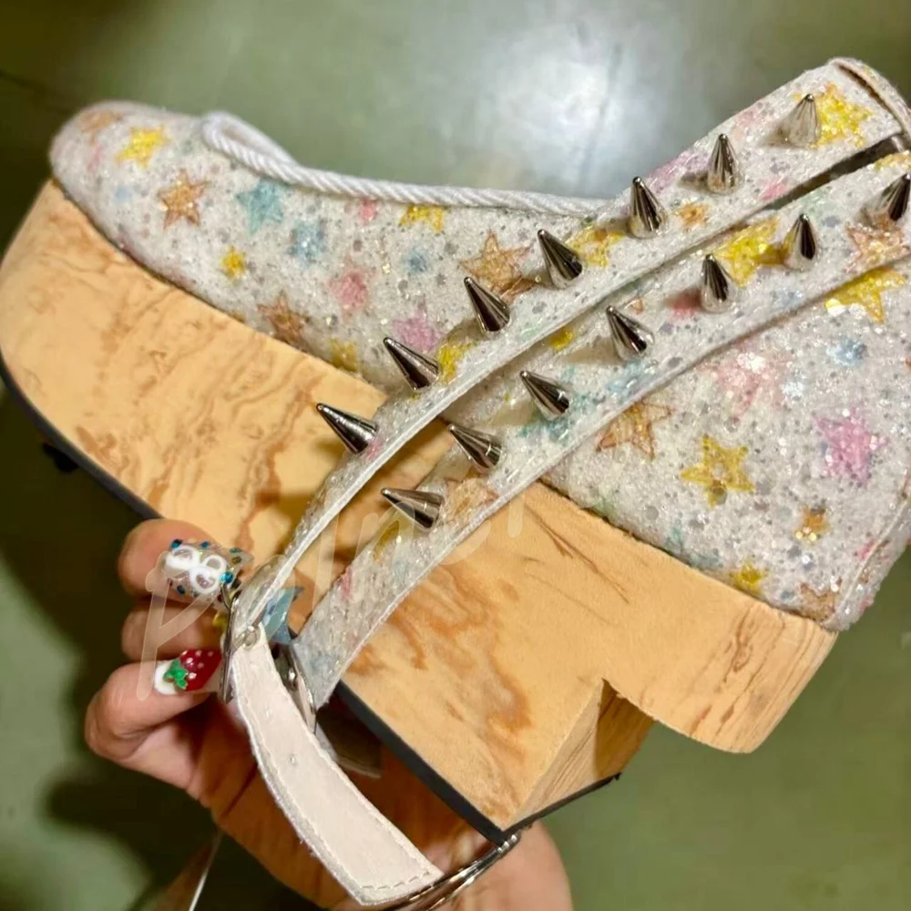 Glitter Star Print Platform Pumps Mary Jane Spiked Rivet Ankle Strap Wooden Wedge Shoes Sweet Punk Y2K Women Casual Lolita Shoes