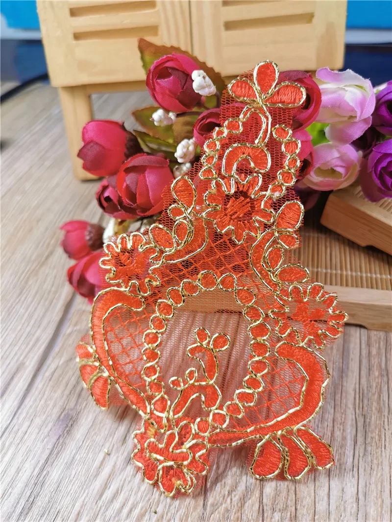 10Pcs Gold Red Claret Colour Gold Cord Outline Venise Lace Appliques Embroider Patch Wedding Dress Lace Decoration DIY 15X9cm