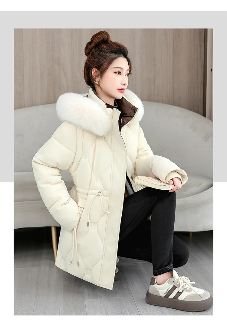 Simple Solid Color Large Fur Collar Hooded Removable Long-sleeved Down Cotton Jacket Women's 2025 Winter Thickened Warm Jacket