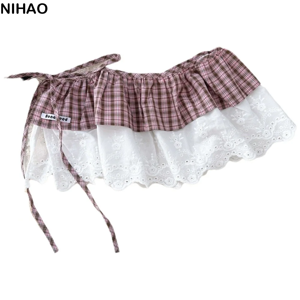 

Elegant Balletcore Plaid Fart Curtain Lace Up Korean Style Ruffle Short Skirts Pastoral Style Layered Lace Mini Skirts Women