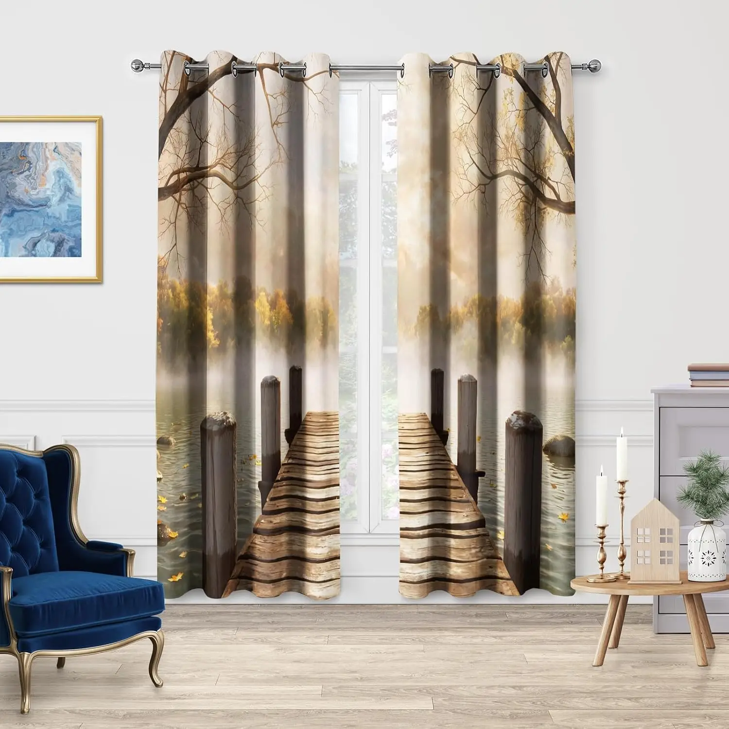 Polyester Autumn Nature View Curtains Window Drapes Rustic Misty Lake Pier Decor Waterproof Fall Scenery Panel for Bedroom Livin