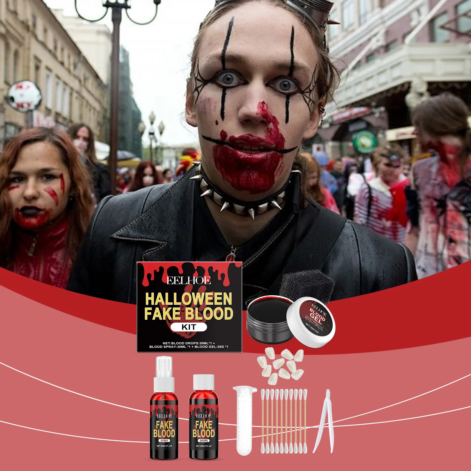 EELHOE Halloween Fake Blood Kit - Realistic Blood Dropper Spray and Clot Set for Vampire Zombie Wound Makeup Party Cosplay