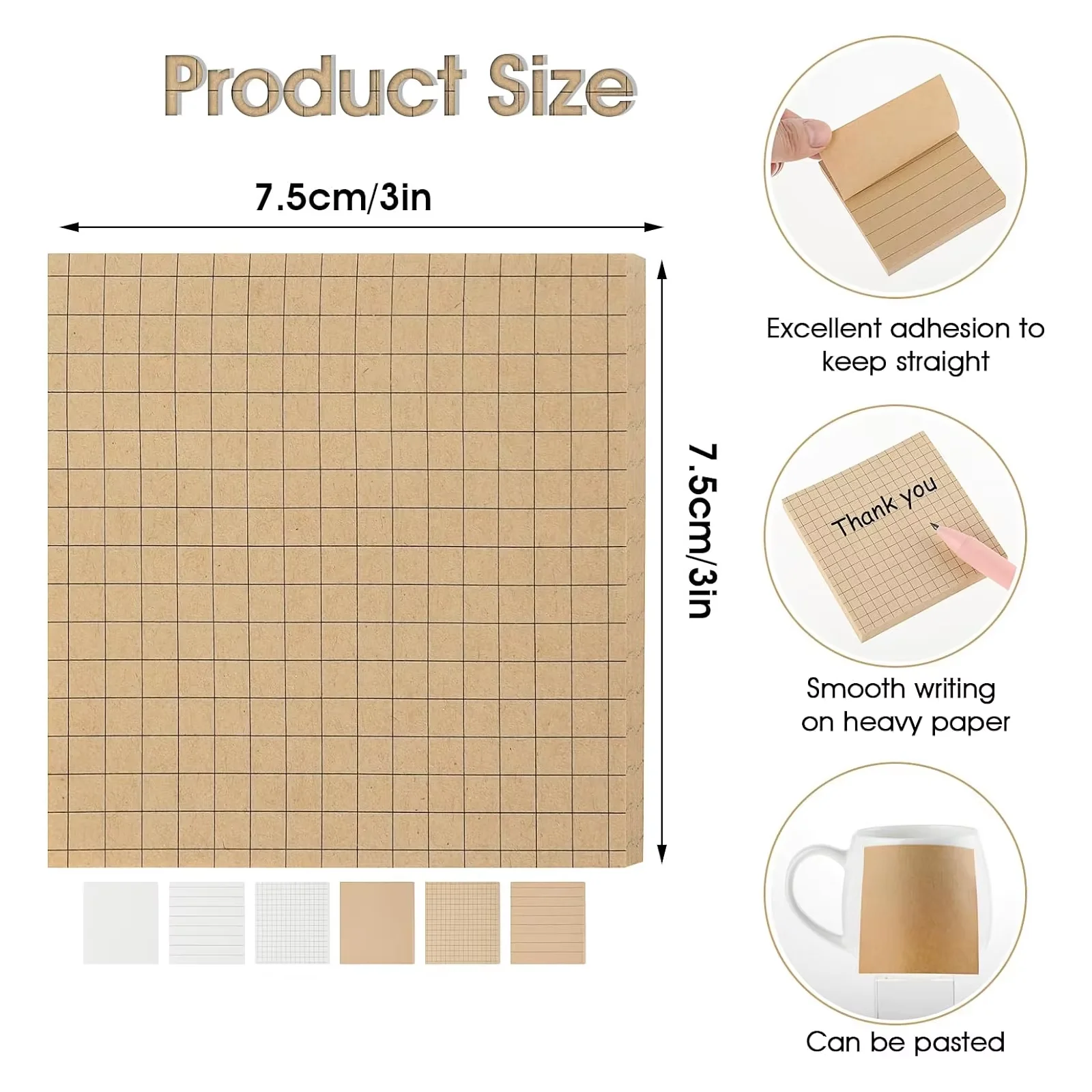 Kraft Paper Grid Lined Sticky Notes (3x3 Inch), Self-Adhesive Memo Pads, Essential for Office, School, Study & Home Organization