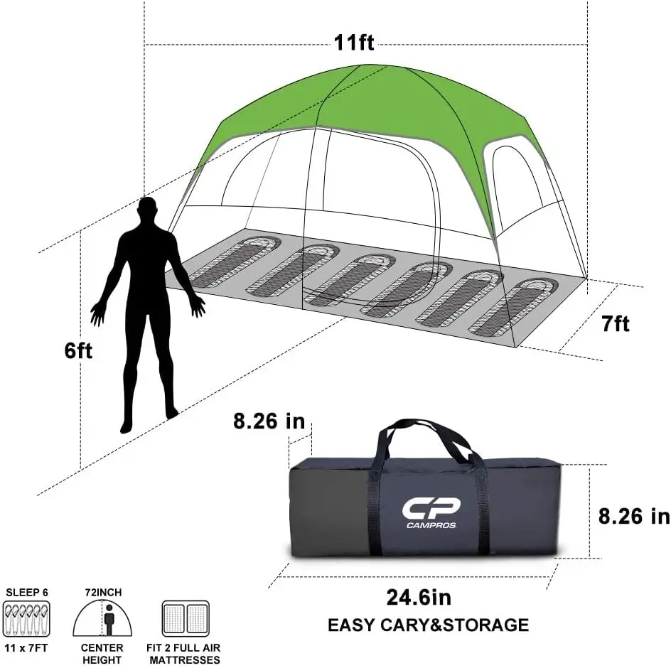 Tent-6-Person-Camping-Tents, Waterproof Windproof Family Tent with Top Rainfly, 4 Large Mesh Windows,