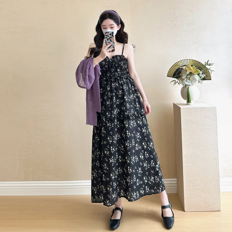 Ropa de verano para mujeres embarazadas con pequeños estampados florales, faldas con tirantes, camisas de manga larga, conjunto de dos piezas