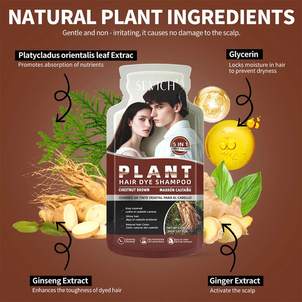 5 pçs planta natural bolha tintura de cabelo shampoo capa branco cinza cabelo rápido escurecimento cor do cabelo shampoo castanha tingimento marrom shampoo