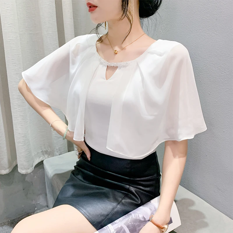 #7236 Black White Red Spliced Chiffon Skinny T Shirt Women Round Neck Hollow Out Sexy Split Joint Short Tee Shirt Femme Summer