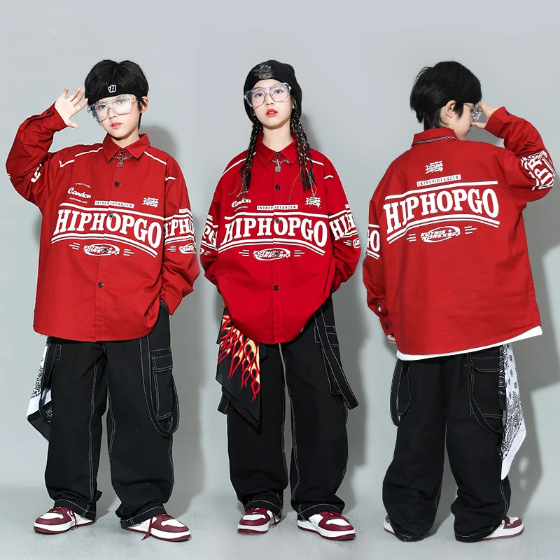 Children Jazz Modern Dance Costumes For Girls Red Coat Black Cargo Pants Streetwear Boys Hip Hop Performance Clothes DQS16699