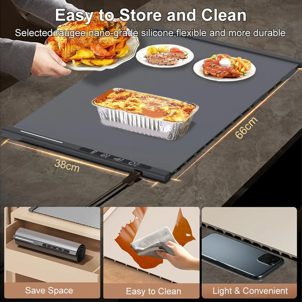M10K Electric Warming Tray, Foldable Silicone Food Warmer Mat, 8 Adjustable Temperature, US Plug