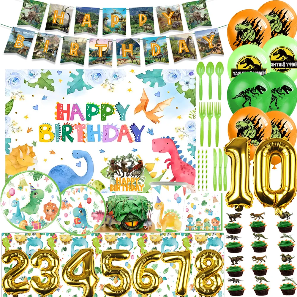 

Cartoon Dinosaur Birthday Party Decoration Disposable Cups Cake Topper Balloon Set Tropical Jungle Backdrop Banner Kid Boy Gifts