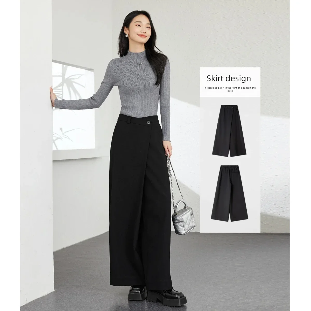 VIMLY Women's Black Pants Asymmetrical Office Lady Baggy Wide-leg Pants 2026 Fall High Waist Fashion Trousers Female M9236