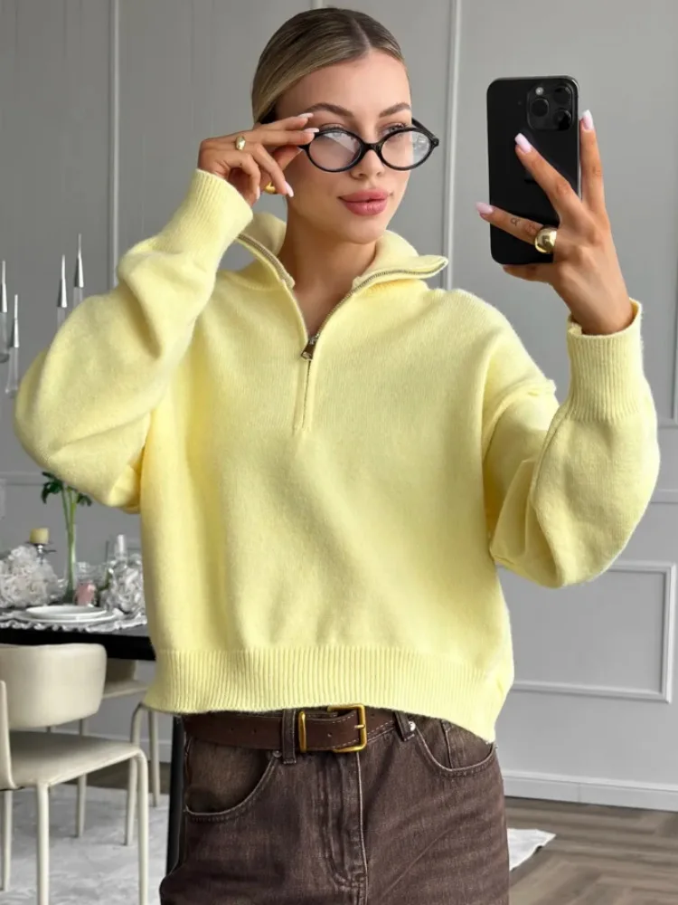 نصف سستة تصميم بلون المرأة سترة بسيطة موضة التلبيب طوق كم طويل البلوز القمم جديد كسول نمط عادية تريكو #5