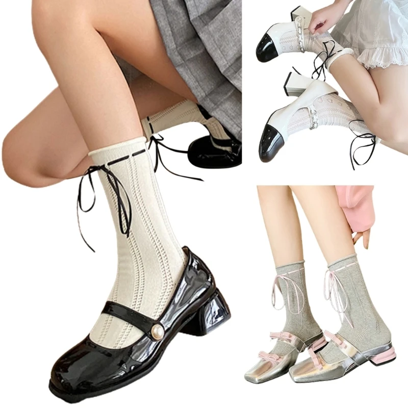 

Women Hollow Mesh Ankle Socks Sweet Bow Lace Up Socks Solid Color Roll Tops Calf Socks Middle Tube Socks