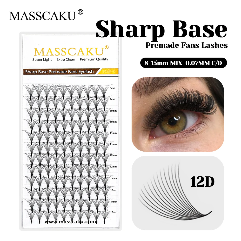 120 Pcs MASSCAKU 0.05mm Thickness Waterproof 16D Pointy Base Eyelash Individual Soft Wispy Narrow Root Thin Stem Eyelashes Trays