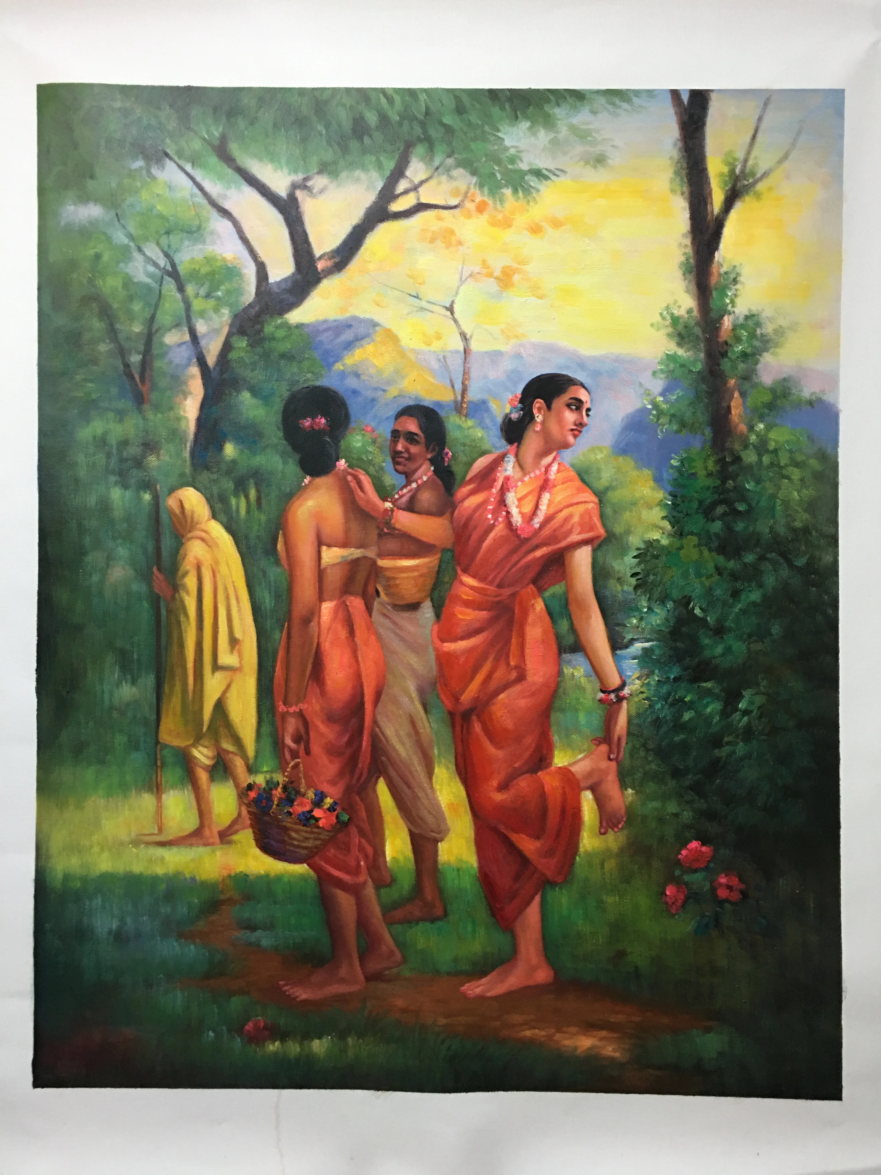 zd-Shakuntala Looking Back to Glimpse Dushyanta High Quality Handmade Famous Oil Painting Reproduction by Raja Ravi Varma@