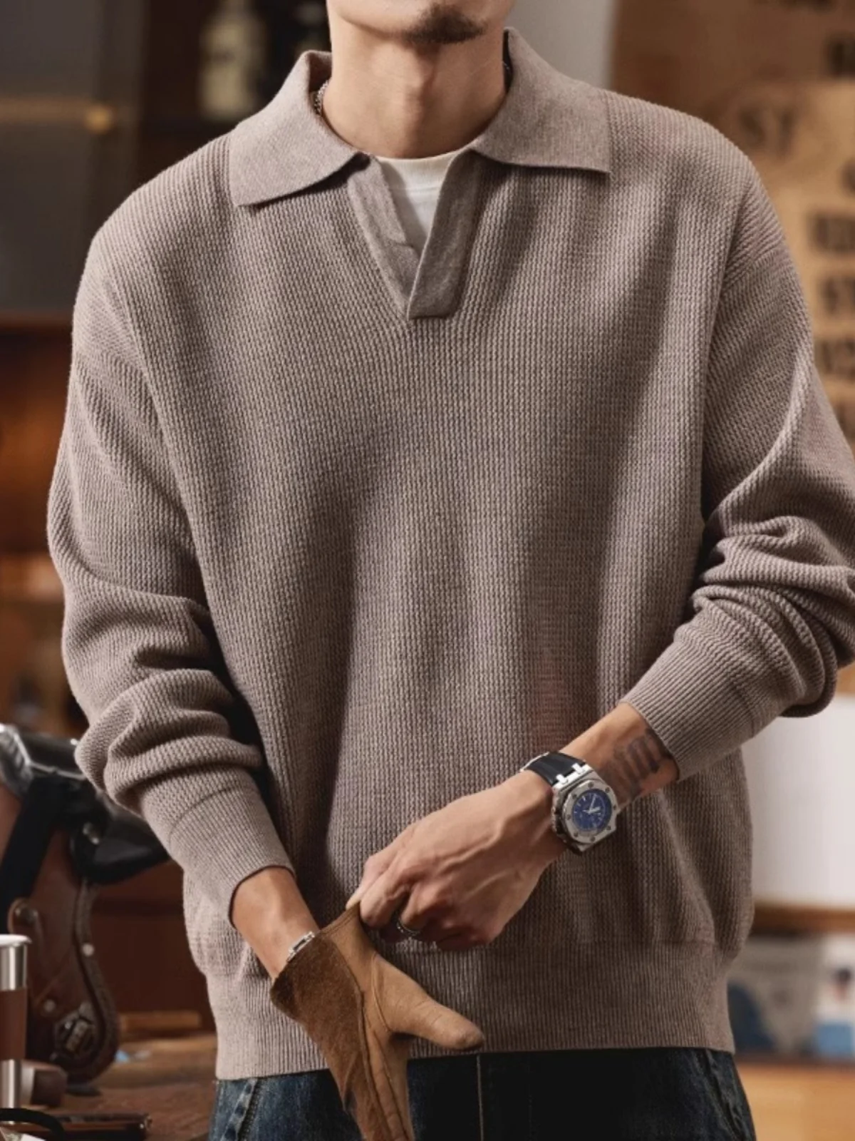 

American Sle Vintage Collared Sweater Men's Loose Overhead Casual Knitted Top Autumn Winter New Arrival Youthful Vitali