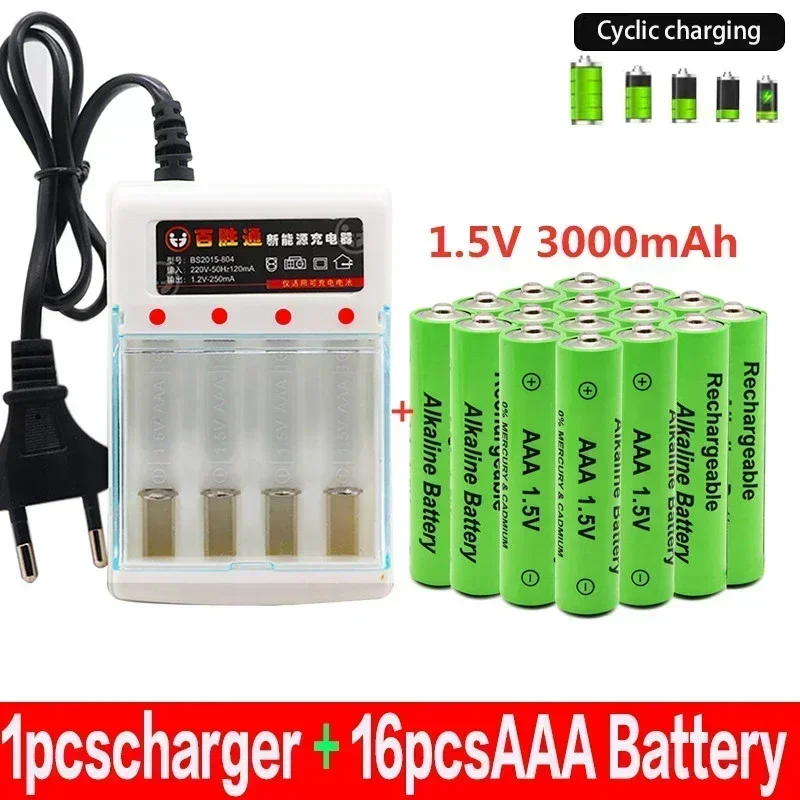 100%New Original AAA Battery Rechargeable Battery AAA1.5V 3000mAh Rechargeable  Alcalinas Drummey+Charger Shaver Clock Battery