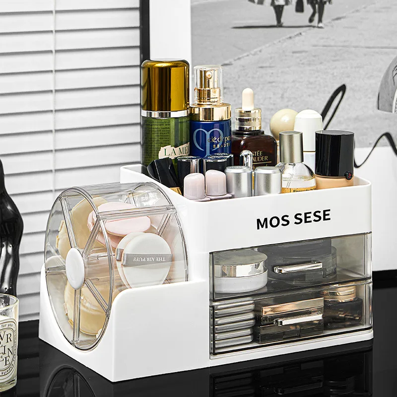 

Новый роскошный органайзер для косметики, ящик для хранения косметики, стойка для туалетного столика с вращающейся коробкой для хранения, настольные пылезащитные косметические коробки