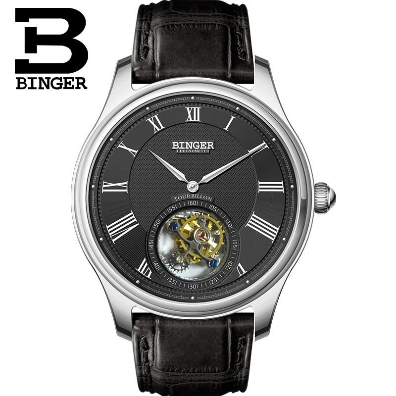 Switzerland BINGER Luxury Brand Seagull Tourbillon Automatic Mechanical Men\'s Watches Sapphire Alligator Leather Strap B80803