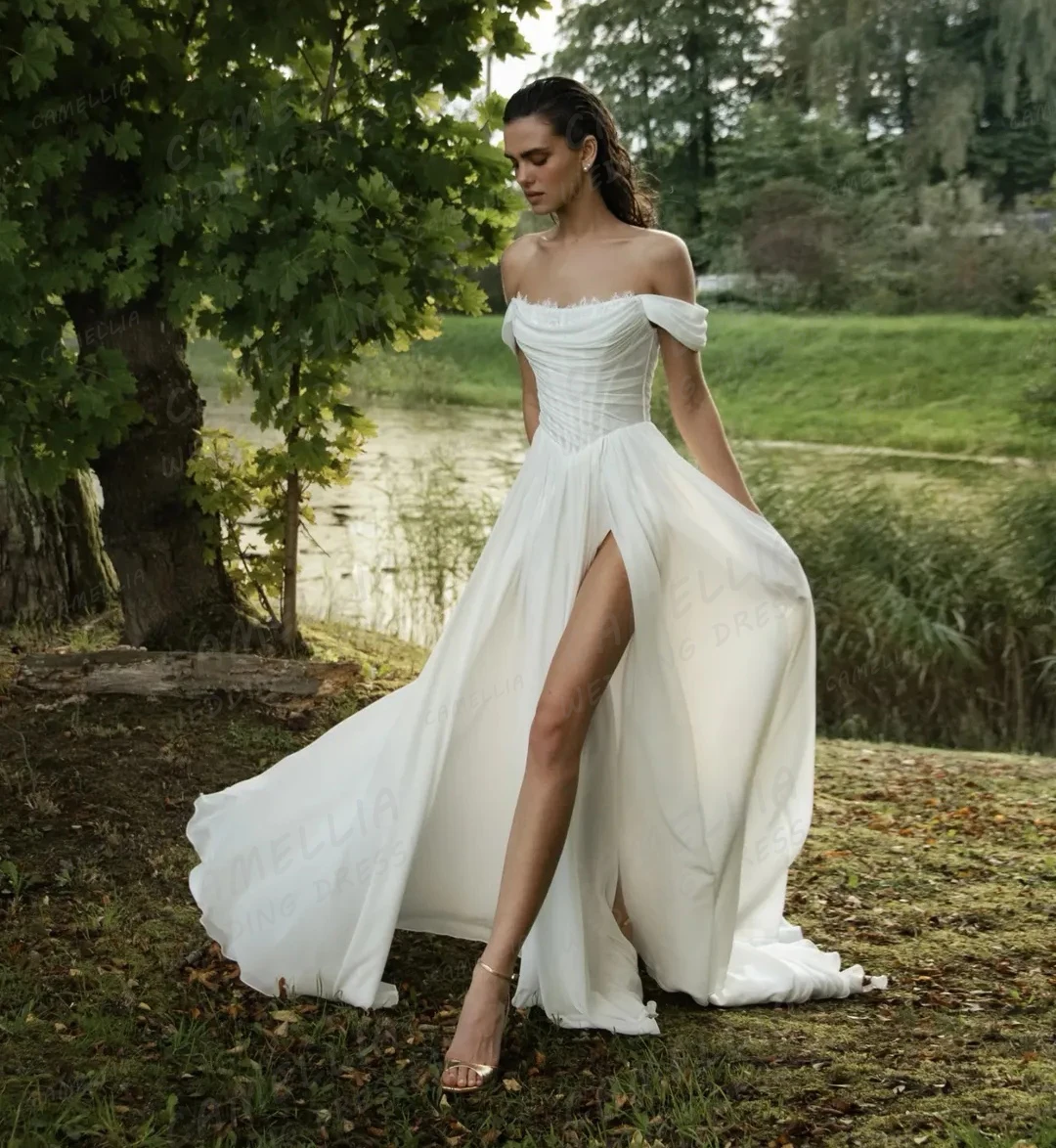 Simple Ruffles Wedding Dresses A Line Women Sexy Lace Appliques Tulle Bridal Gowns Side High Split Vestidos De Novia Customized