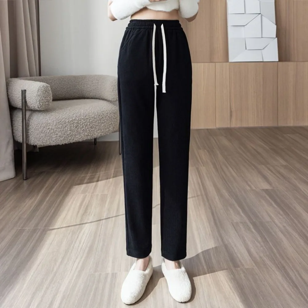 Jesienno-zimowe nowe spodnie damskie na małe stopy, z wysokim stanem, luźne, proste nogawki, szerokie spodnie, pluszowe, ocieplane, codzienne spodnie marchewki.