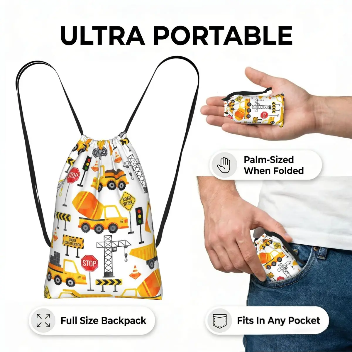 Road Work Watercolor Construction Vehicles Drawstring Backpack Sports Gym Bag Portable Travel Drawstring Bag for Men Women