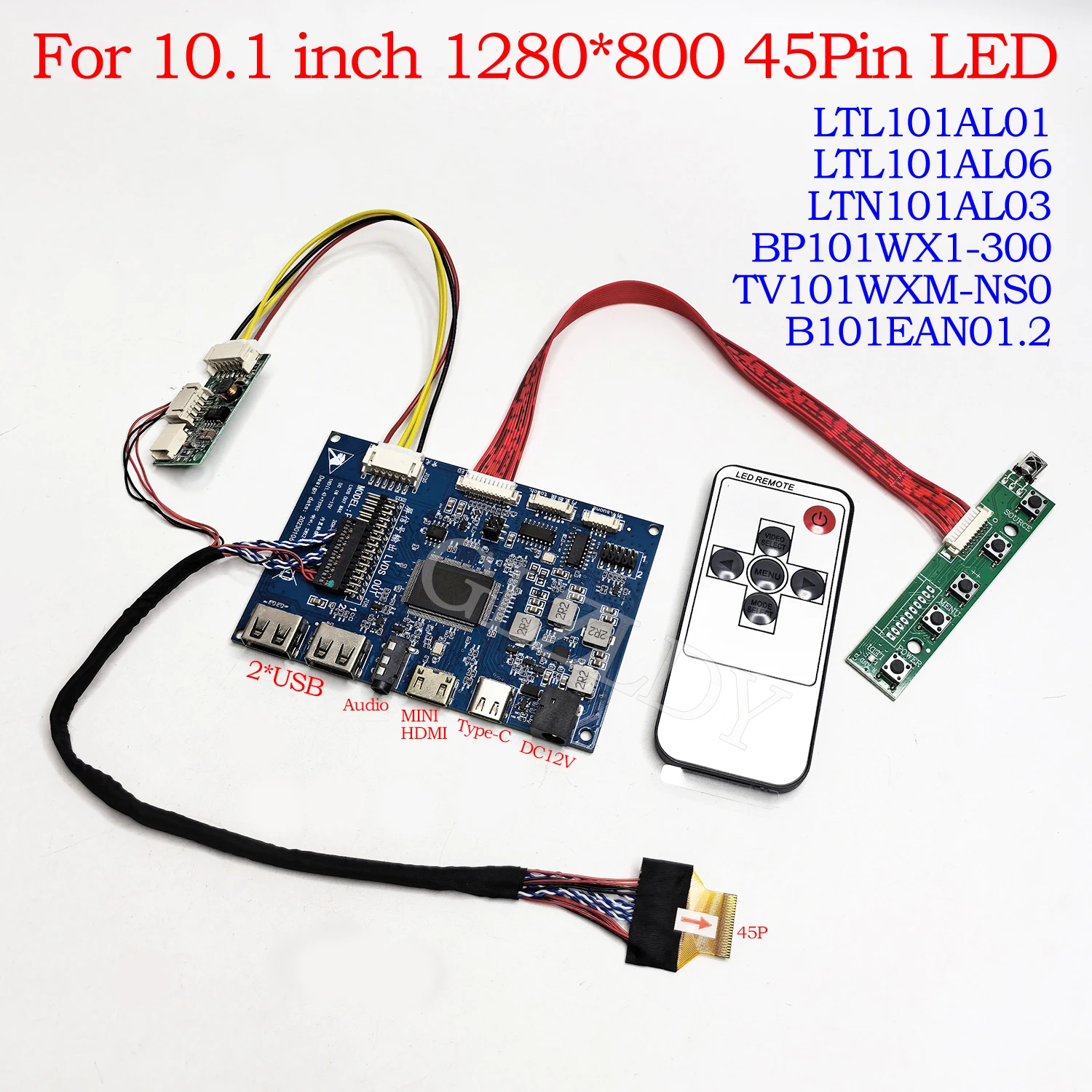 LCD Controller Board Kit for 10.1 inch LTL101AL01 LTL101AL06 BP101WX1-300 1280*800 45pins FPC LVDS 2*USB mini HDMI TYPEC Remote