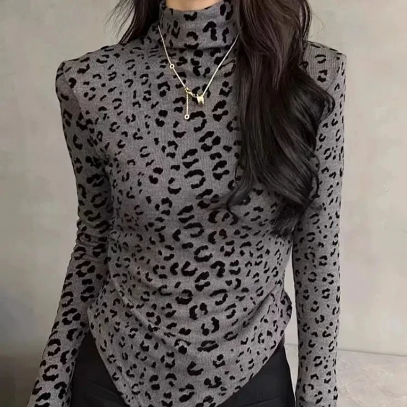 Spring Autumn New Half High Collar Long Sleeve Fashion T-Shirts Women High Street Casual Leopard Pullovers Elegant All-match Top