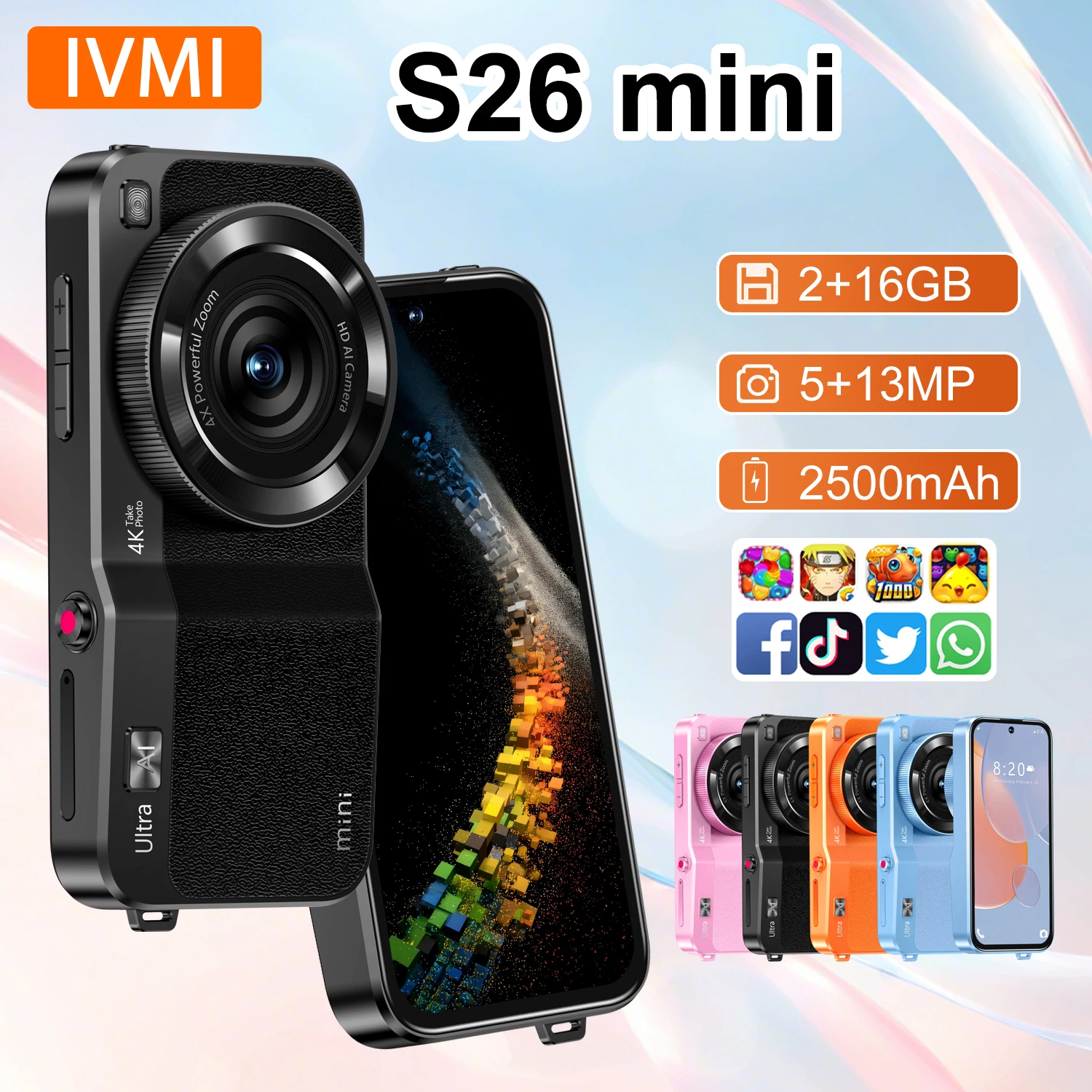 IVMI Small Mobile S26 Mini SmartPhone 2GB+16GB Android10.0 3.75inch Bluetooth WiFi Dual SIM GSM Unlocked Toys Camera Cellphone