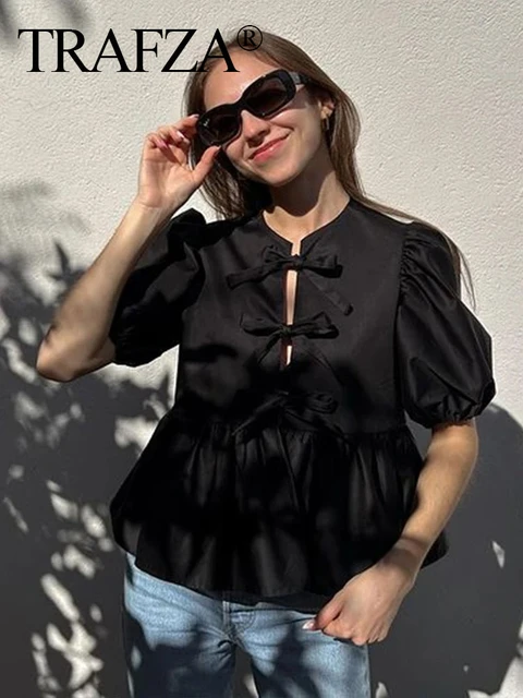 TRAFZA Camisa de manga abullonada con lazo para mujer blusa de Cuello redondo en blanco y negro Top informal elegante para primavera y verano 2024 AliExpress