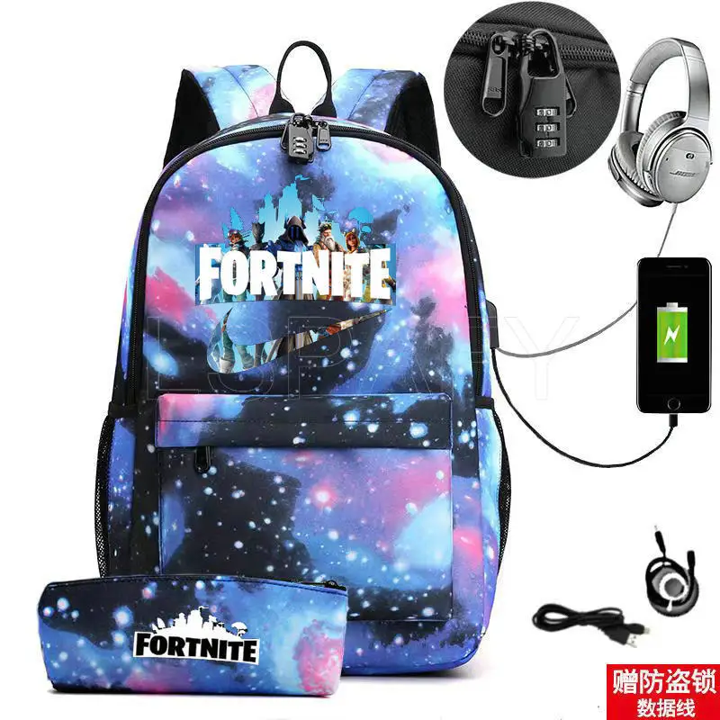 Mochila con estampado de FORTNITE para niños y adolescentes, morral escolar de dibujos animados con carga USB de 17 pulgadas