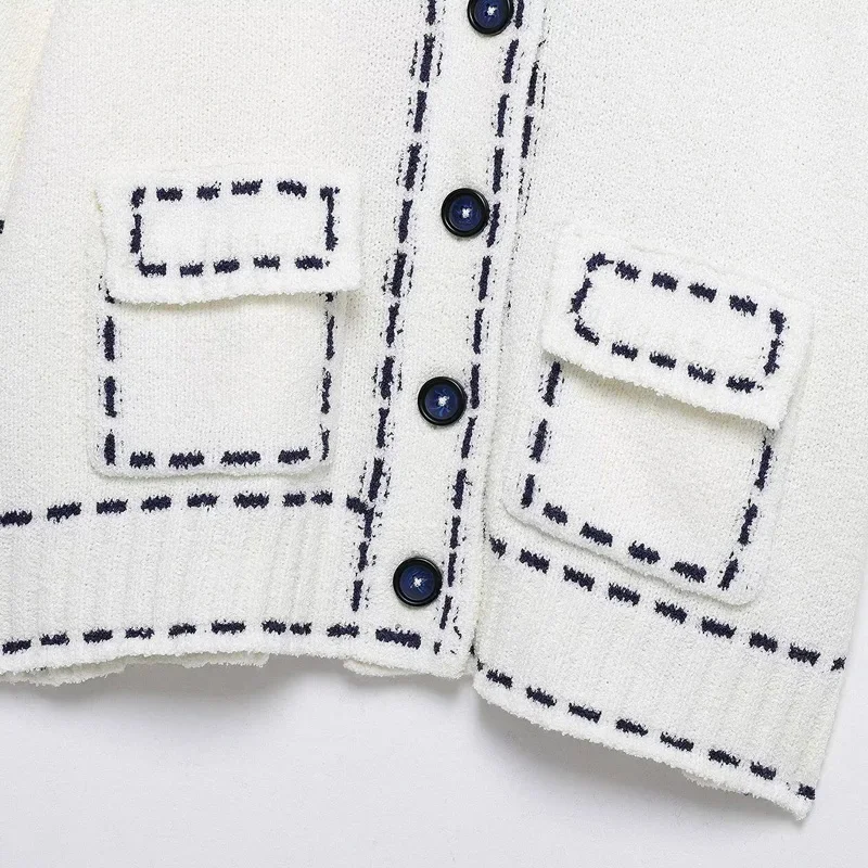 TRAF سترة امرأة 2025 جديد سترة متماسكة الربيع الصيف المحاصيل قصيرة الأكمام Topstitching تريكو ملابس خارجية الأبيض دافئ البلوزات