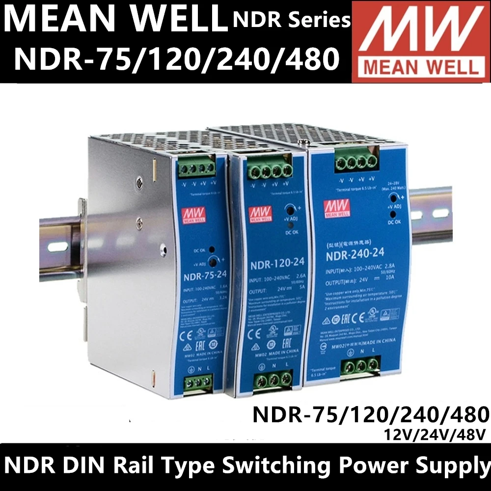 

MEAN WELL NDR-75W 120W 240W 480W 110V/220V AC TO DC 12V 24V 48V DIN Rail Switching Power Supply NDR-75 NDR-120 NDR-240 NDR-480